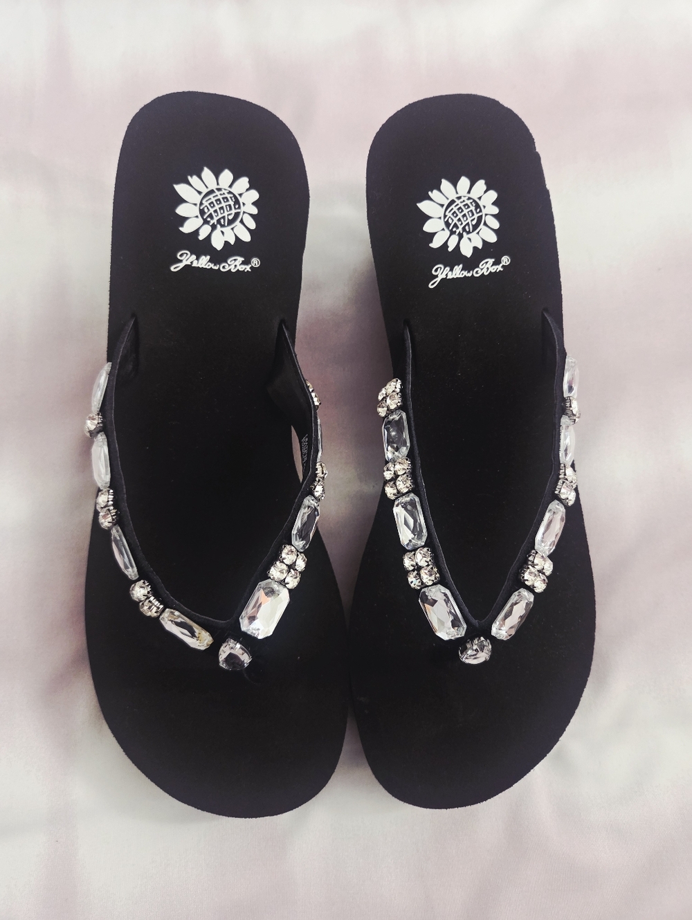 New Yellow Box Black Jeweled Sandal Flip Flops